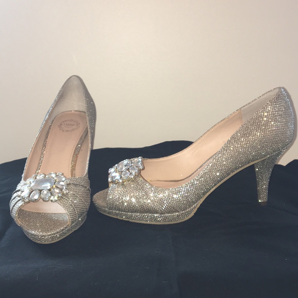 Gold shimmer open toe heels with gems